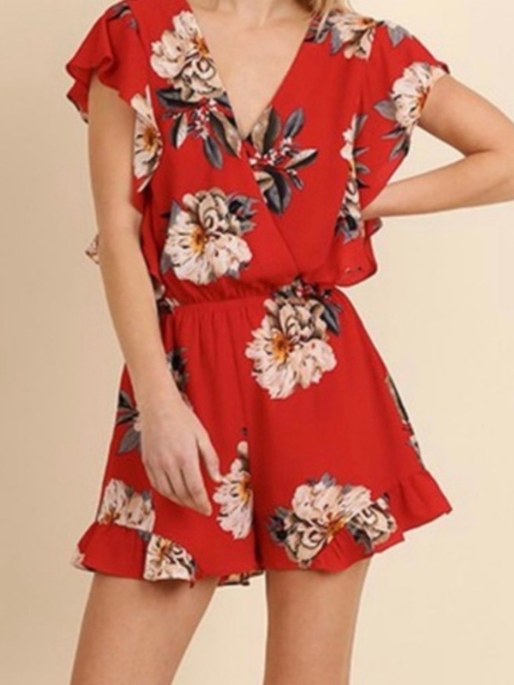 Umgee Red Floral Romper Size M Ruffle Surplice V-Neck Boho Summer